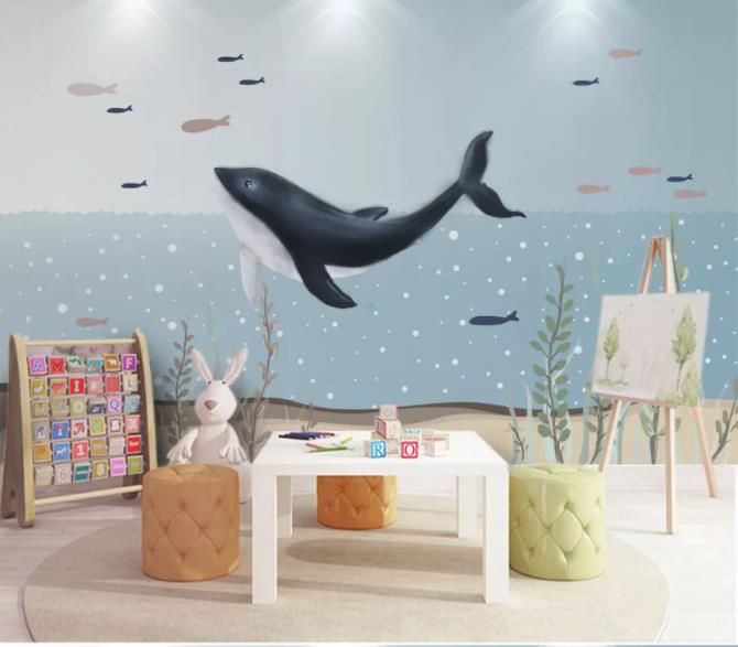 3D Cartoon Ocean Whale Wall Mural Wallpaper 140