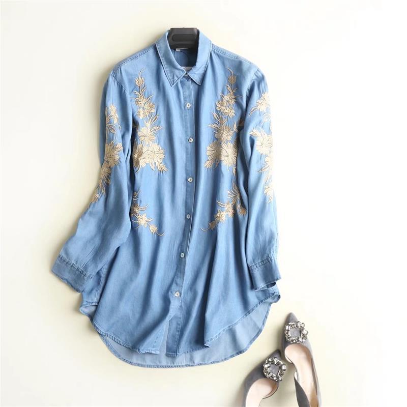 streetwear women denim shirt summer spring soft jeans embroidery long shirt long sleeves light blue casual loose shirt tops alx