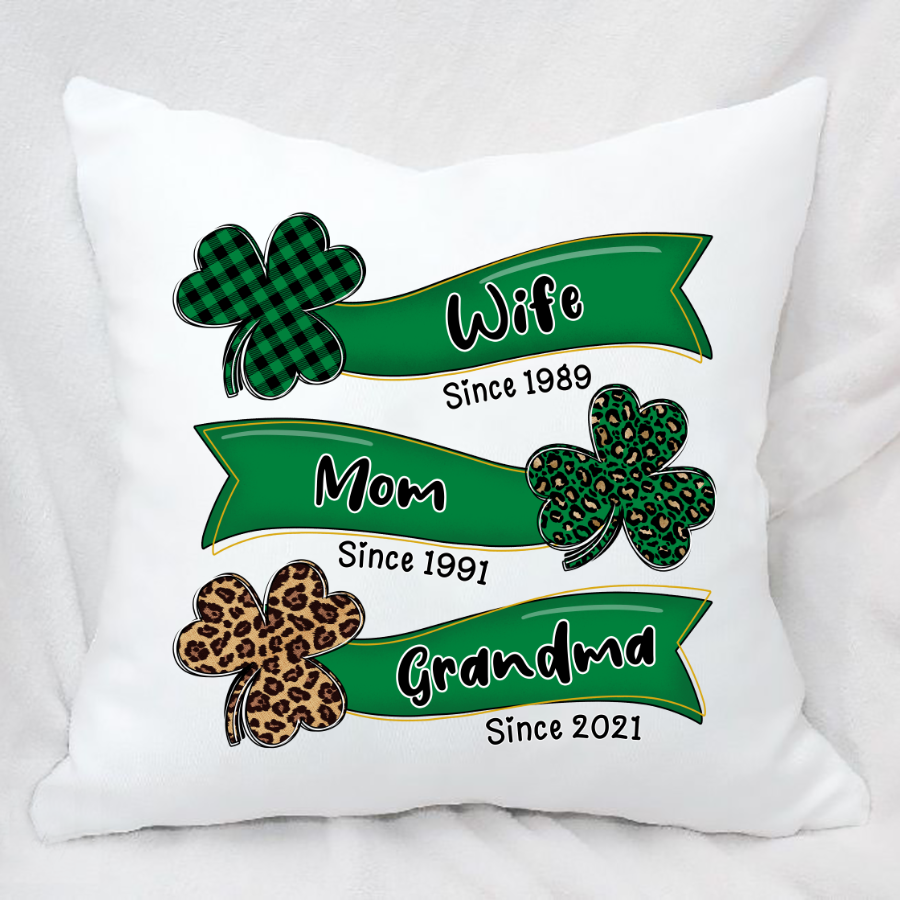 Personalized Wife Mom Nana Est Hearts Shamrock Leopard Indoor Pillow