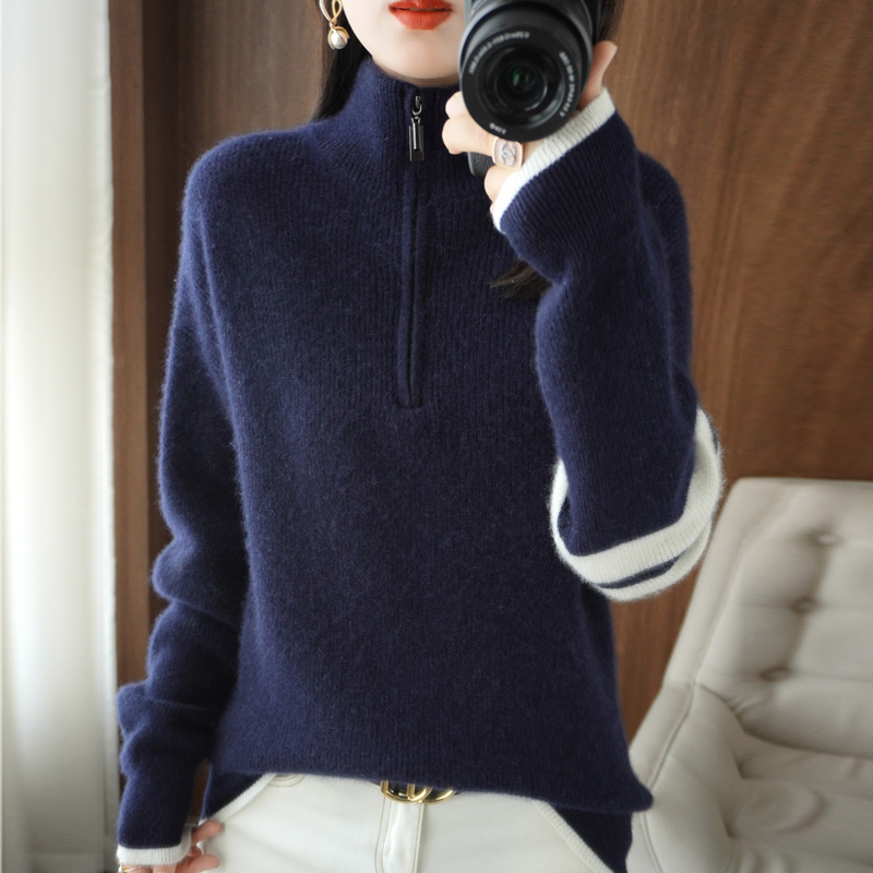 Autumn and Winter New Women’s Clothing Lapel Pullover 100% Pure Wool Knitted Tops Casual Korean Fashion Bottoming Shirt Jacket alx