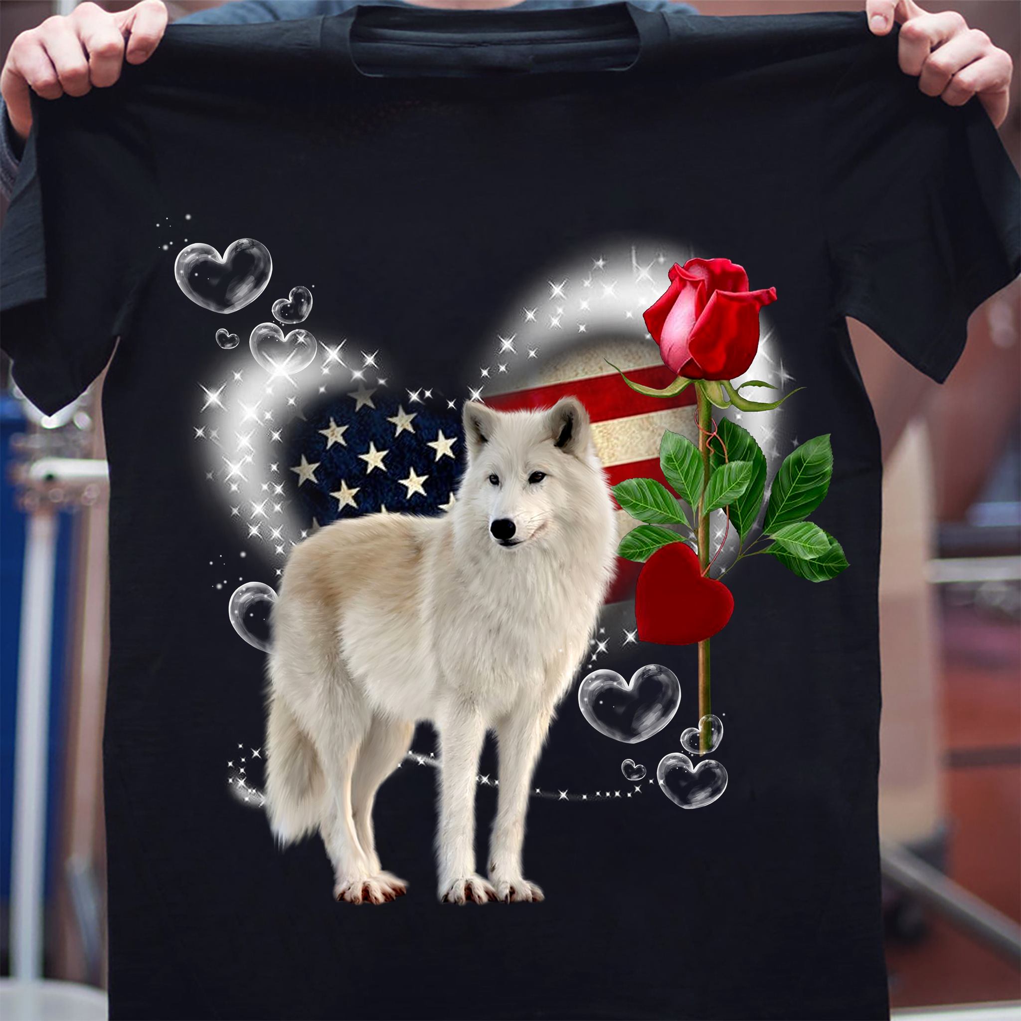 Love White Wolf Rose American Flag Gift Independence Day Gift Standard/Premium T-Shirt