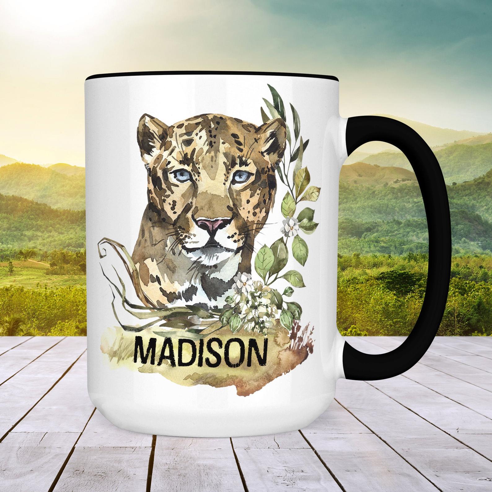 Personalized Name Leopard Cat Safari Animal With Printed Inner Color Accent Mug 11Oz Coffee Tea Cup