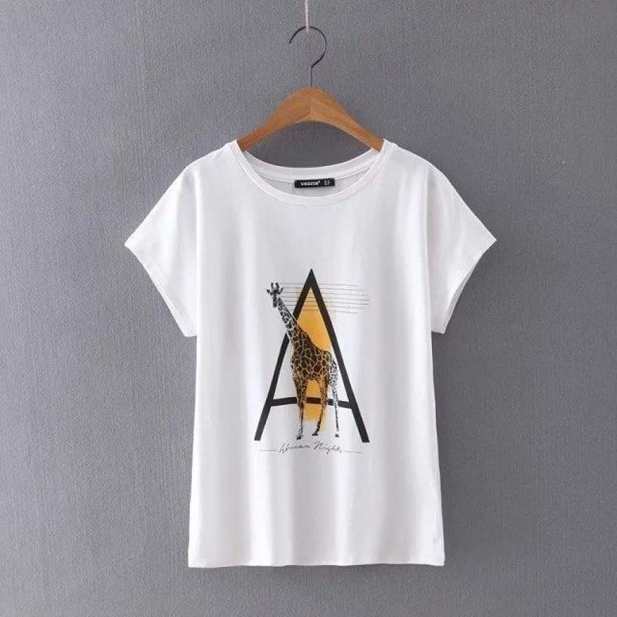 Giraffe Letters Printed Round Neck Short-Sleeved T-Shirt