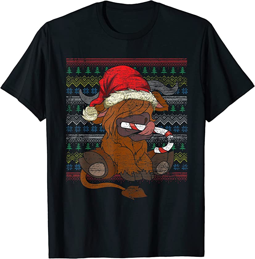 Merry Xmas Candy Cane Ugly Christmas Animal Highland Cow T-Shirt