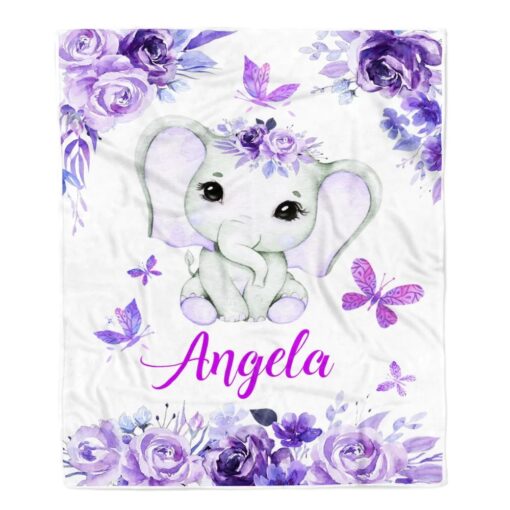 Personalized Baby Blanket Girl Custom Baby Name Purle Floral Elephant Kid Daughter Granddaughter Niece Birthday Christmas Customized Soft Cozy Lightweight Premium Blanket