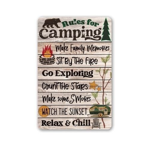 Metal Sign – Rules for Camping –  Durable Tin – 8″x12″ or 12″x18″ – Use Indoor/Outdoor – Great Trailer or RV and Campsite Decor