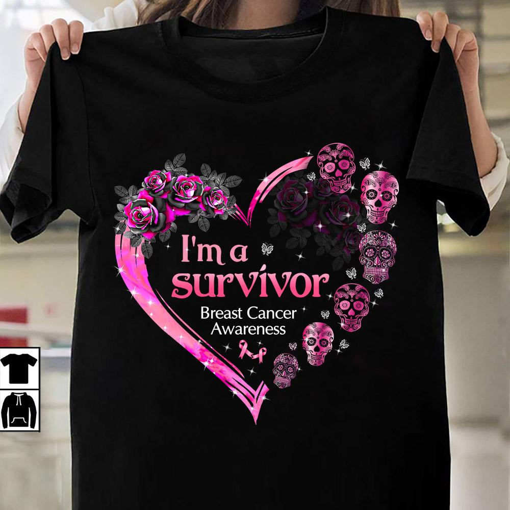 I Am A Survivor Breast Cancer Awareness Shirt, Breast Cancer Awareness Sugar Skull Heart Shirt For October Girl Hg98 Trna