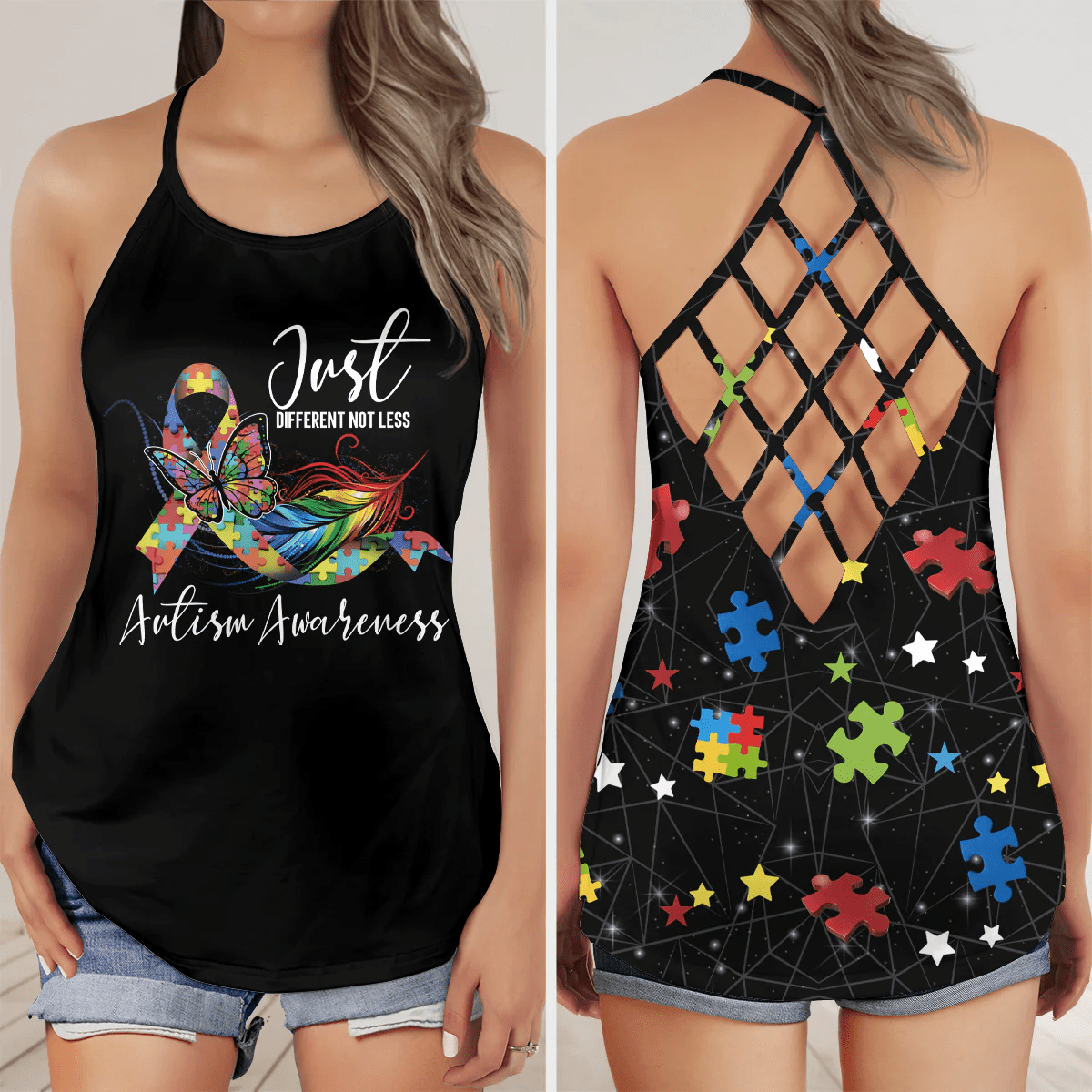 Butterfly Just Defferent Not Less Autism Awareness 3D Criss-Cross Tank Top For Women