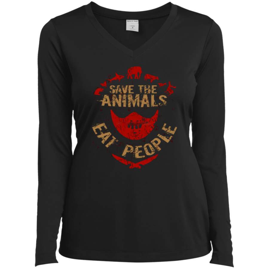 save the animals, EAT PEOPLE Ladies’ LS Performance V-Neck T-Shirt