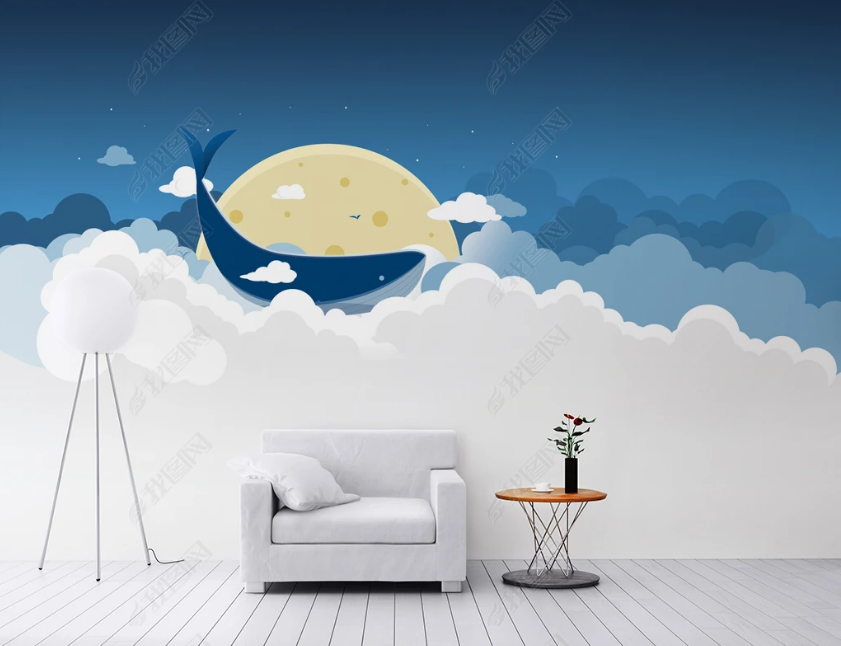 3D Cartoon Dolphin Sky Cloud Moon Wall Mural Wallpaper Lqh 18