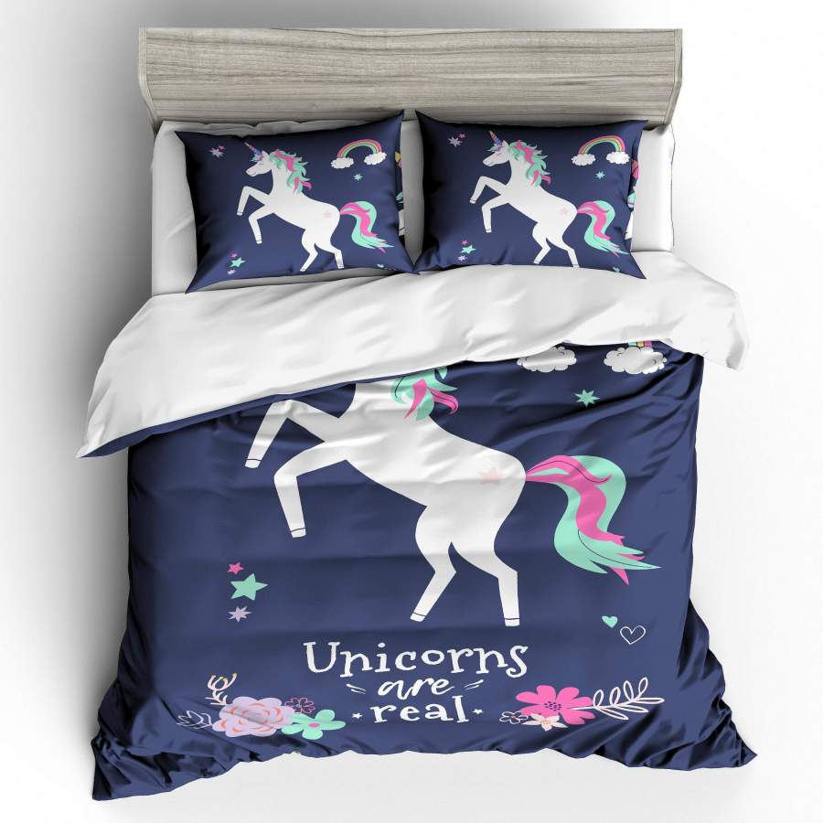 3D Cartoon  Blue  Unicorn Bedding Set Quilt Cover Quilt Duvet Cover Pillowcases Personalized  Bedding Queen  King  Full  Double 3 Pcs