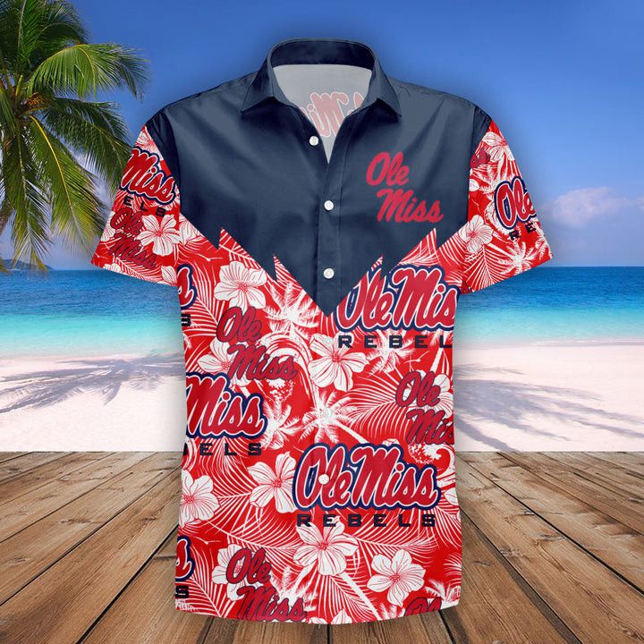 NCCA Ole Miss Rebels Red Tropical Flowers Blue Hawaiian Shirt