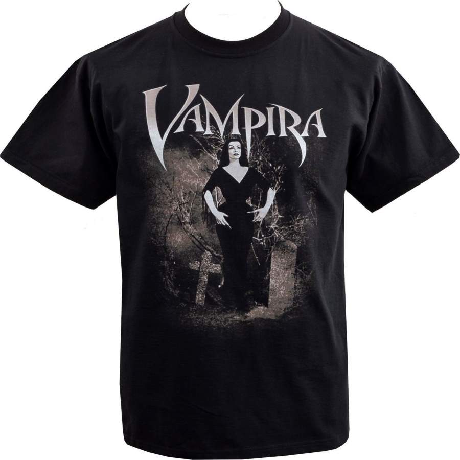 Mens T-Shirt Vampira Graveyard Gothic Vintage Horror Halloween Vampire Black