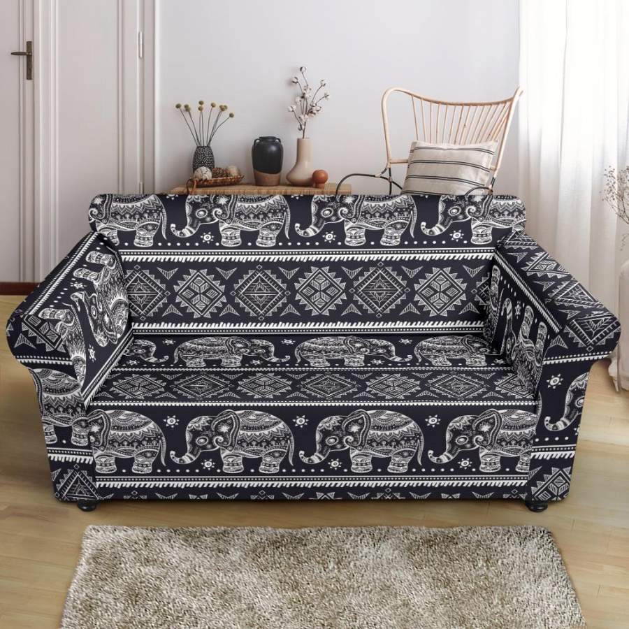 Black Aztec Elephant Pattern Print Loveseat Cover