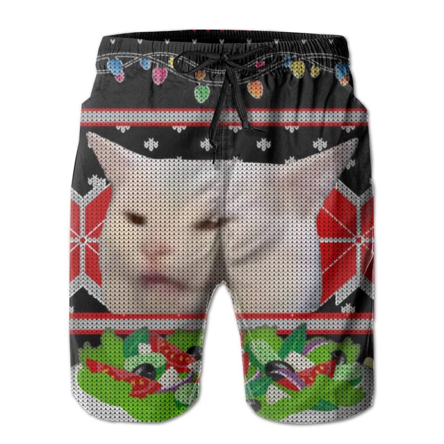 2 Pack Smug Table Cat Meme Ugly Christmas Poster Men Swim Trunks Drawstring Elastic Waist Quick Dry Beach Shorts with Mesh Lining Swimwear Bathing Suits