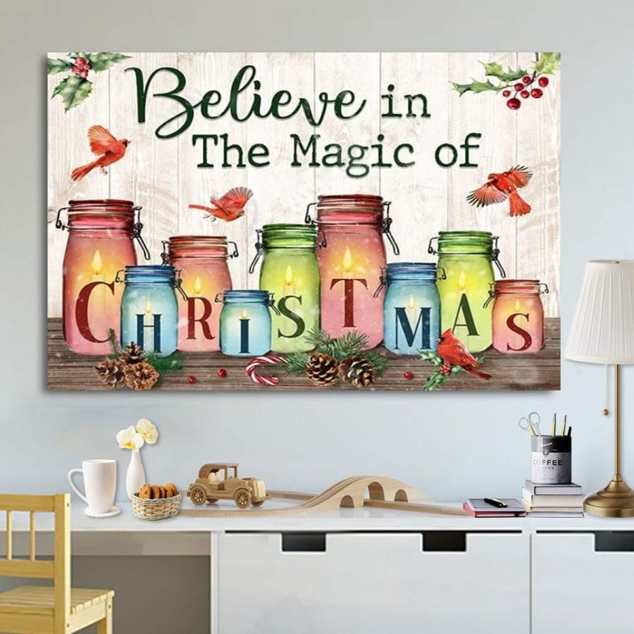 Christmas cardinal believe in the magic of christmas candy cane candle horizontal paper poster no frame/ wrapped canvas wall decor full size