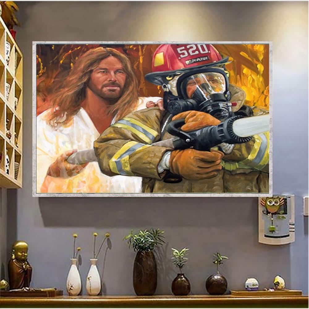 Jesus Christ Supports And Protects Firefighter Poster Religious Art Wall Home Decor For Family