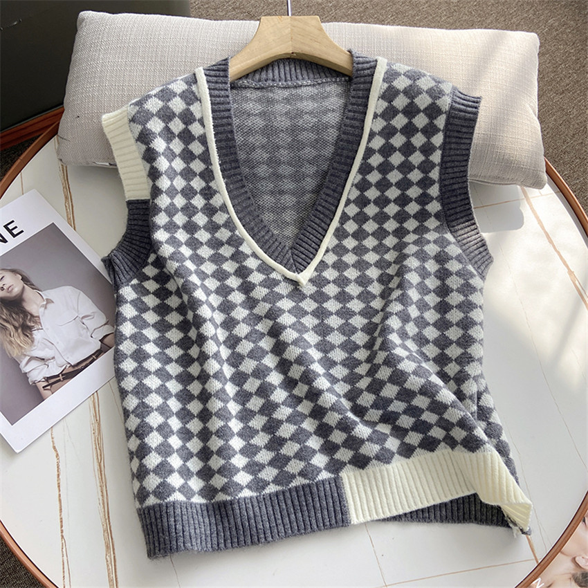 Argyle Plaid Sweater Vest Women Sleeveless Waistcoat Female Oversized Sweater Coat Knitted Pullover Outwear Knitwear alx