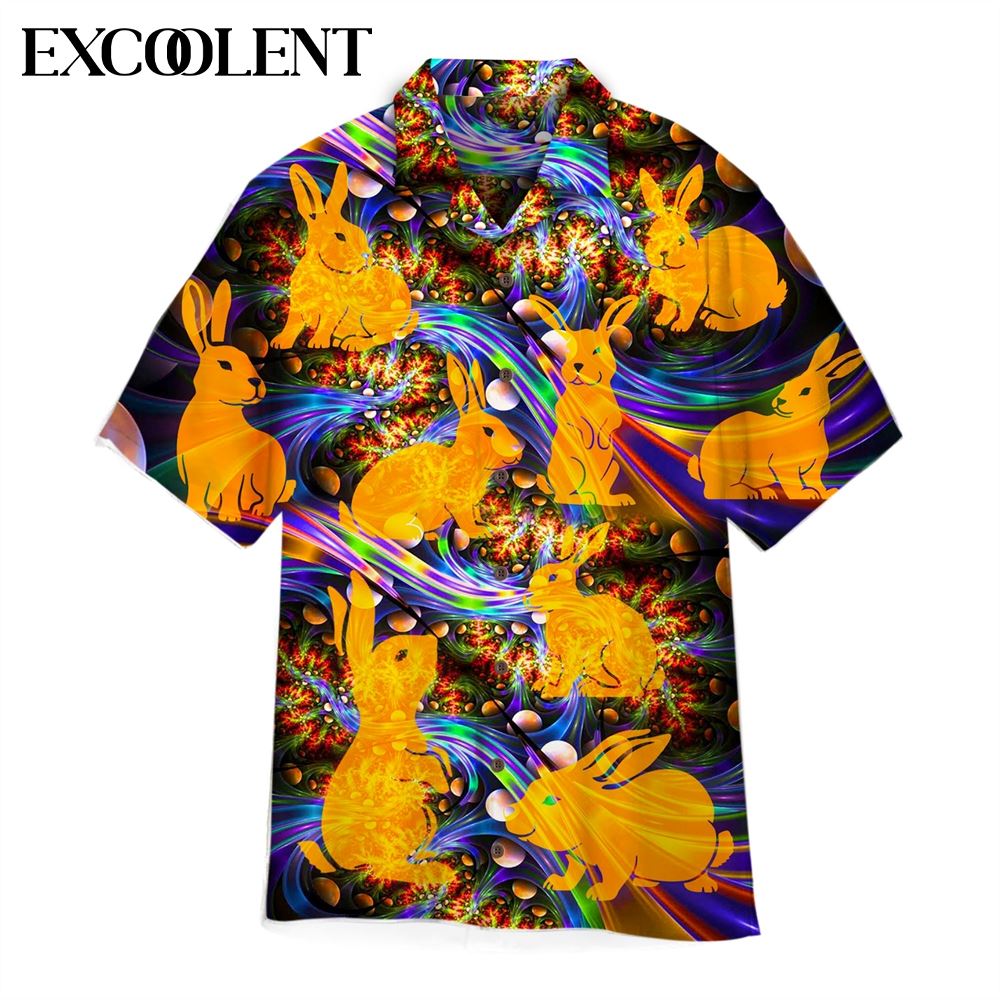 Orange Neon Bunny Easter Day Aloha Mens Hawaiian Shirt – Easter Shirts For Adults – Easter Gift