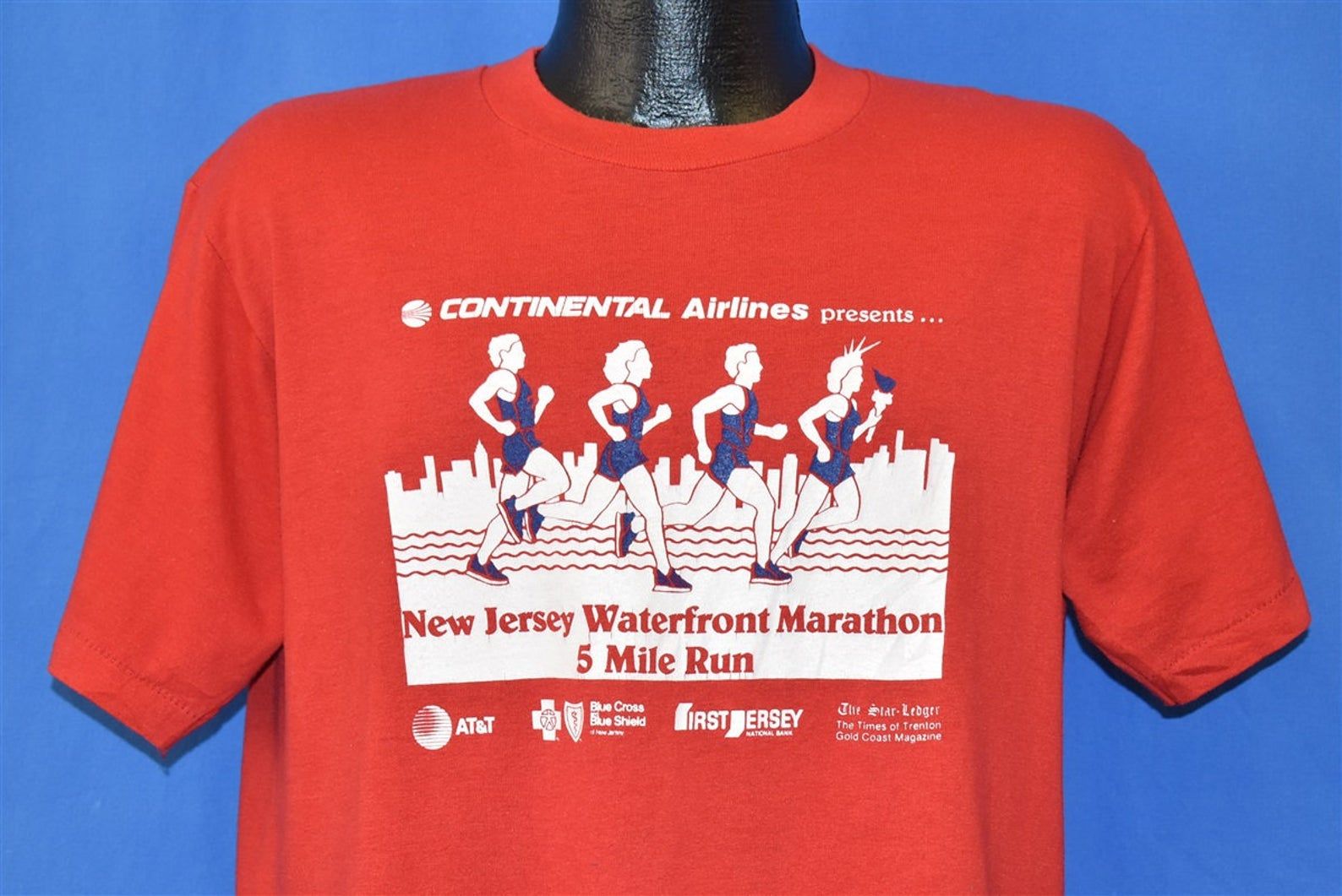 80S New Waterfront Marathon Runners Skyline T-Shirt Vintage Tee