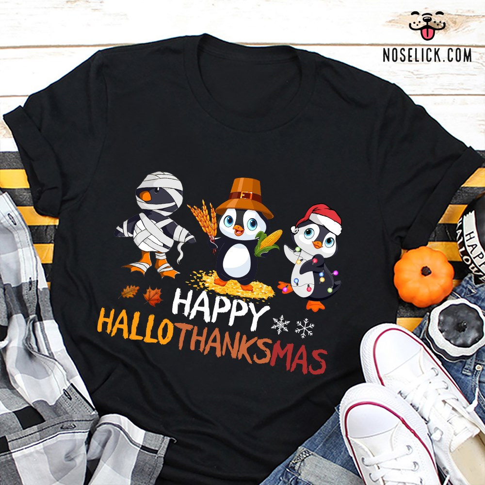 Penguin Happy Hallothanksmas Graphic Unisex T Shirt, Sweatshirt, Hoodie Size S – 5XL