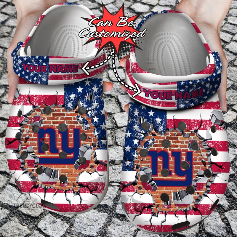 Football Personalized NY Giants American Flag Breaking Wall Clog Shoes