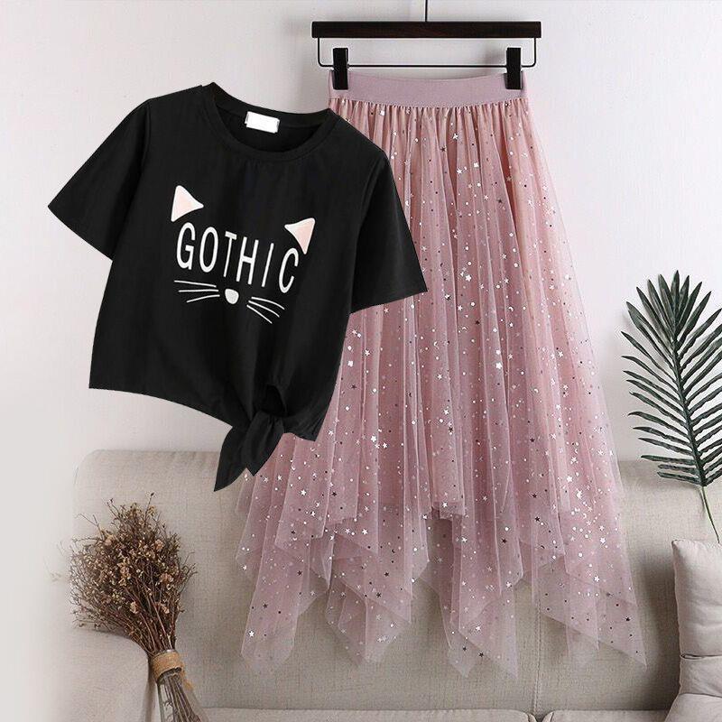 Summer New Kid Sweet T-shirt Skirts Sets Women Big Girl Leisure Mesh Clothing High School Student Fashion Pink Slimming Dresses alx