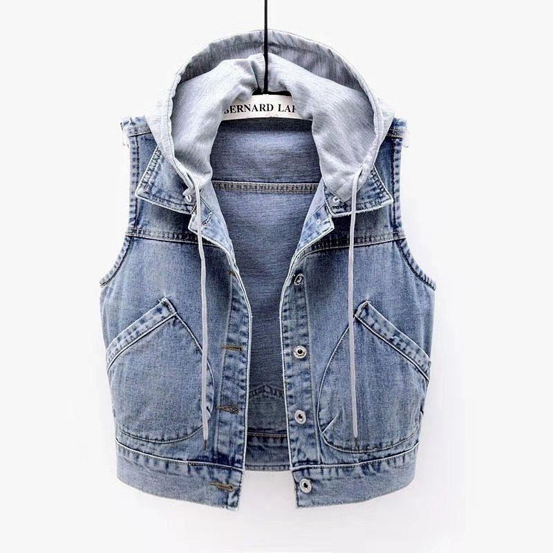 2021Denim Vest Women’s Spring and Autumn Clothes Sleeveless Wild Tops Short Hooded Jacket Women Denim Jeans Vest Jacket Female alx