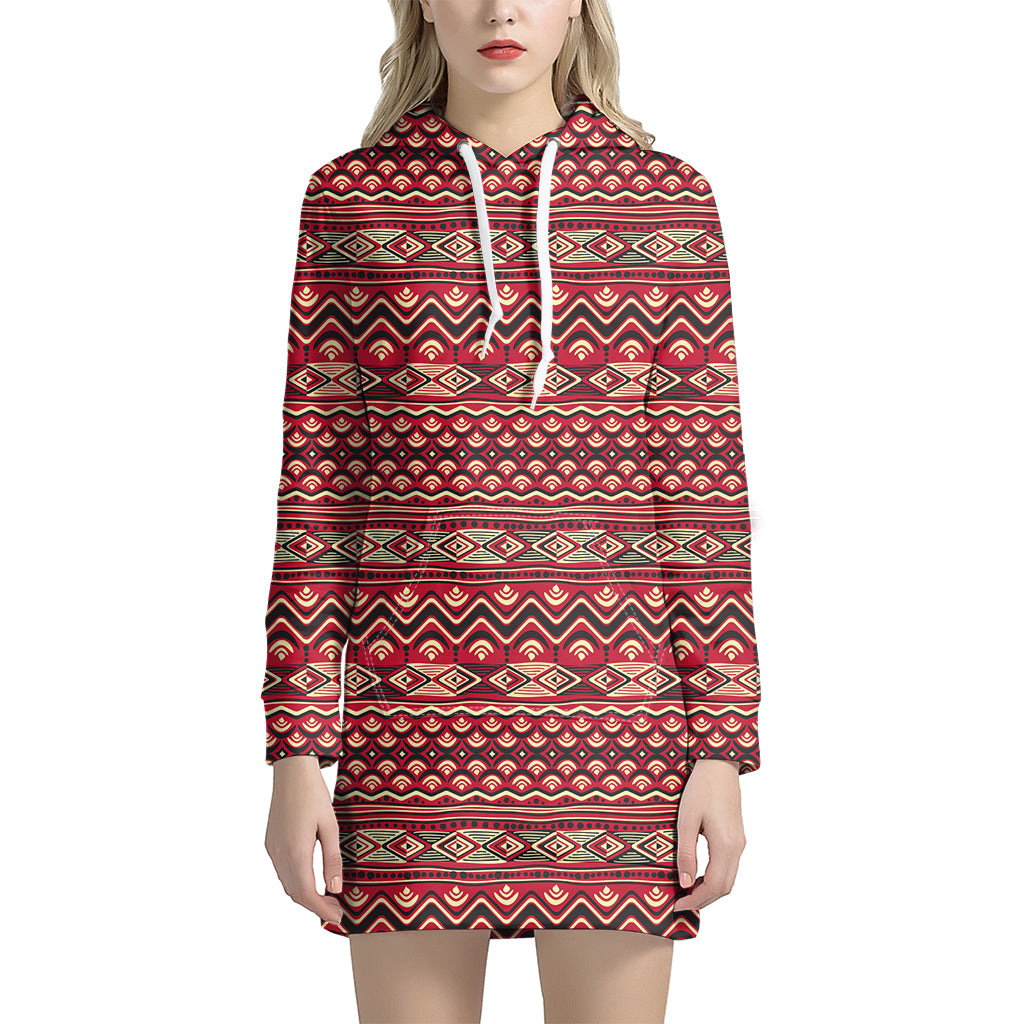 Red African Tribal Pattern Print Women’S Pullover Hoodie Dress