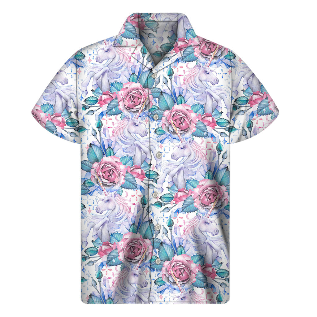 White Fairy Rose Unicorn Pattern Print Men’S Short Sleeve Shirt