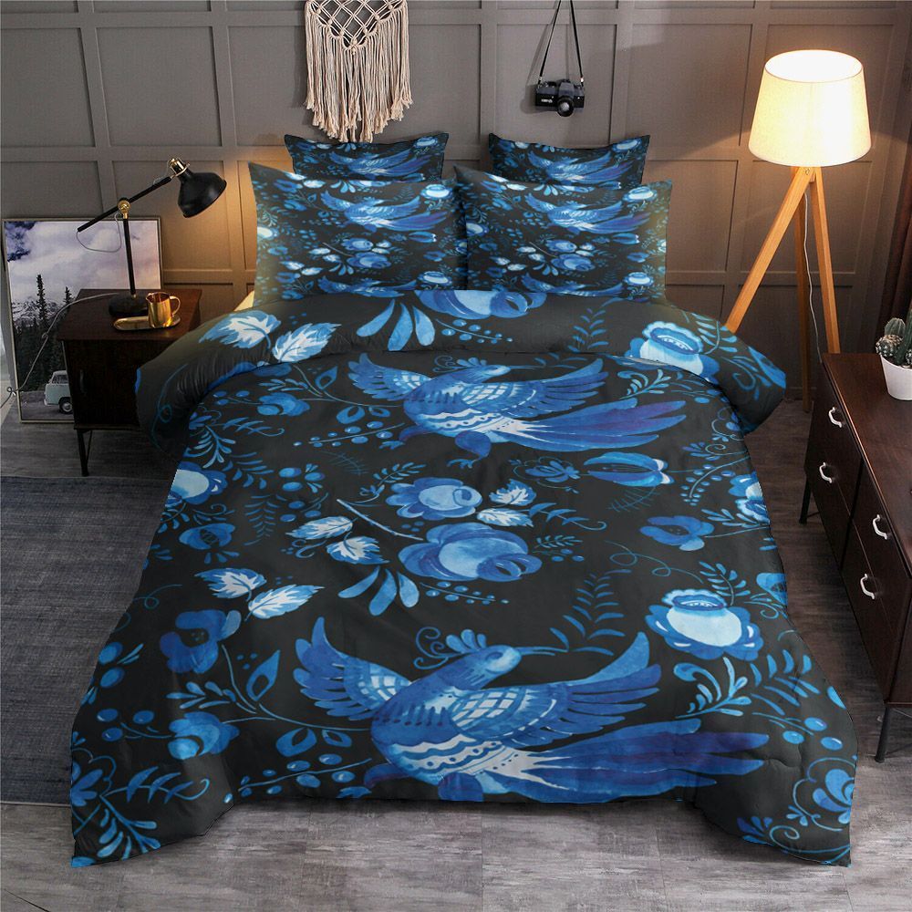 Blue Watercolor Bird And Flower Bedding Set All Over Prints