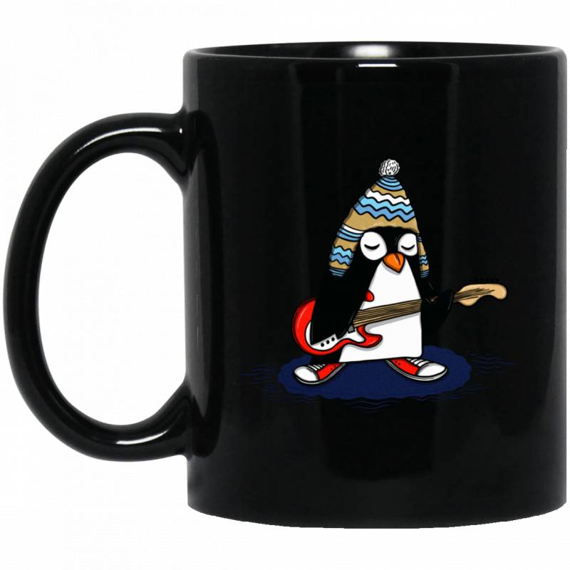 Penguin Playing Guitar 11 oz. or 15 oz. Black Mug