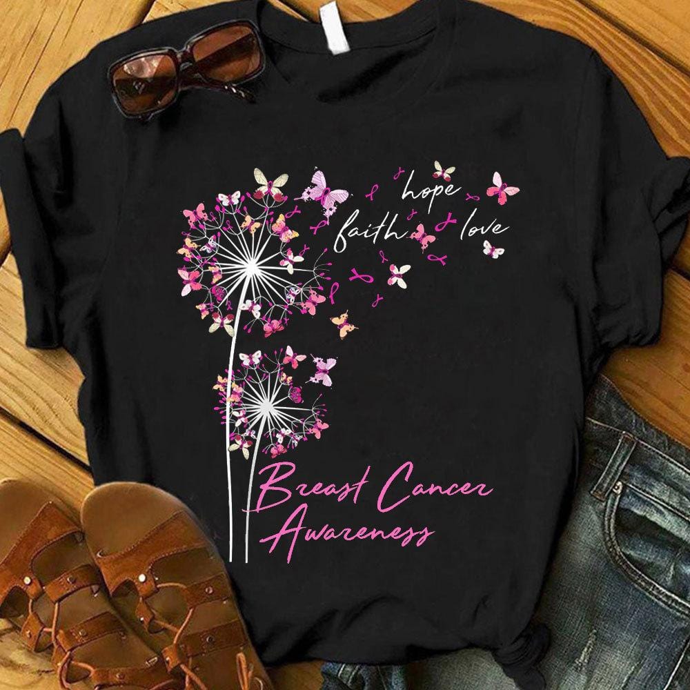 Faith Hope Love With Butterfly Dandelion Breast Cancer Shirts