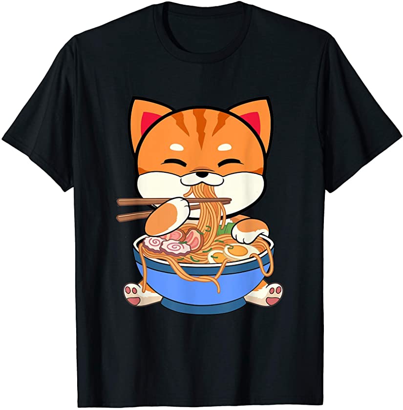 Cat Eating Ramen Noodles Funny Kawaii Foodie Kitten T-Shirt