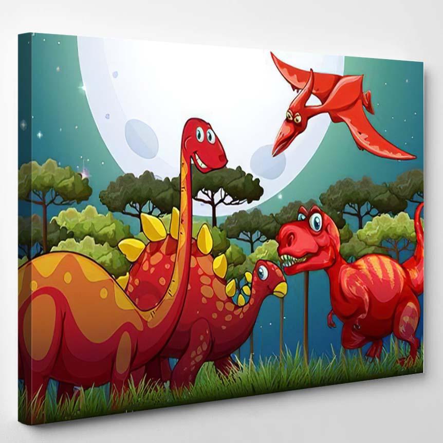 Red Dinosuars Under Full Moon Nature – Dinosaur Animals Canvas Print