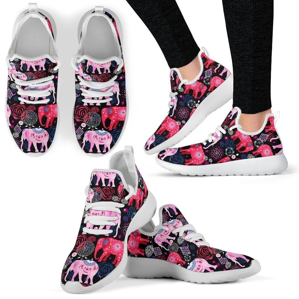 Pink Elephant Pattern Mesh Knit Sneakers, Personalized Shoes Custom Name, Text For Women, Men