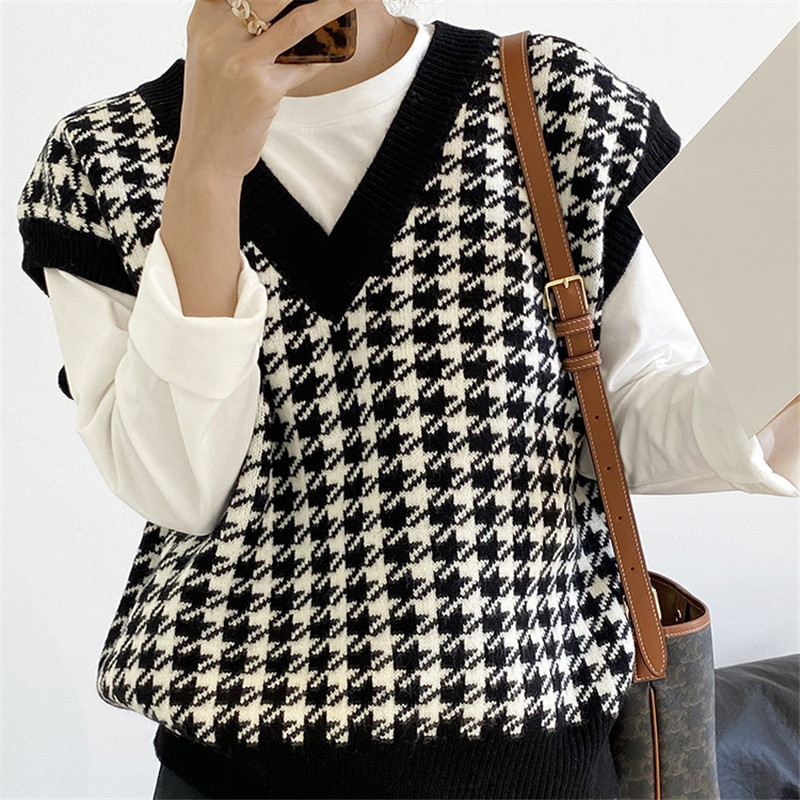 Autumn Women Knitted Sweater Vest Vintage V-Neck Houndstooth Plaid Sleeveless Loose Oversized Female Pullover Vest Waistcoat Top alx