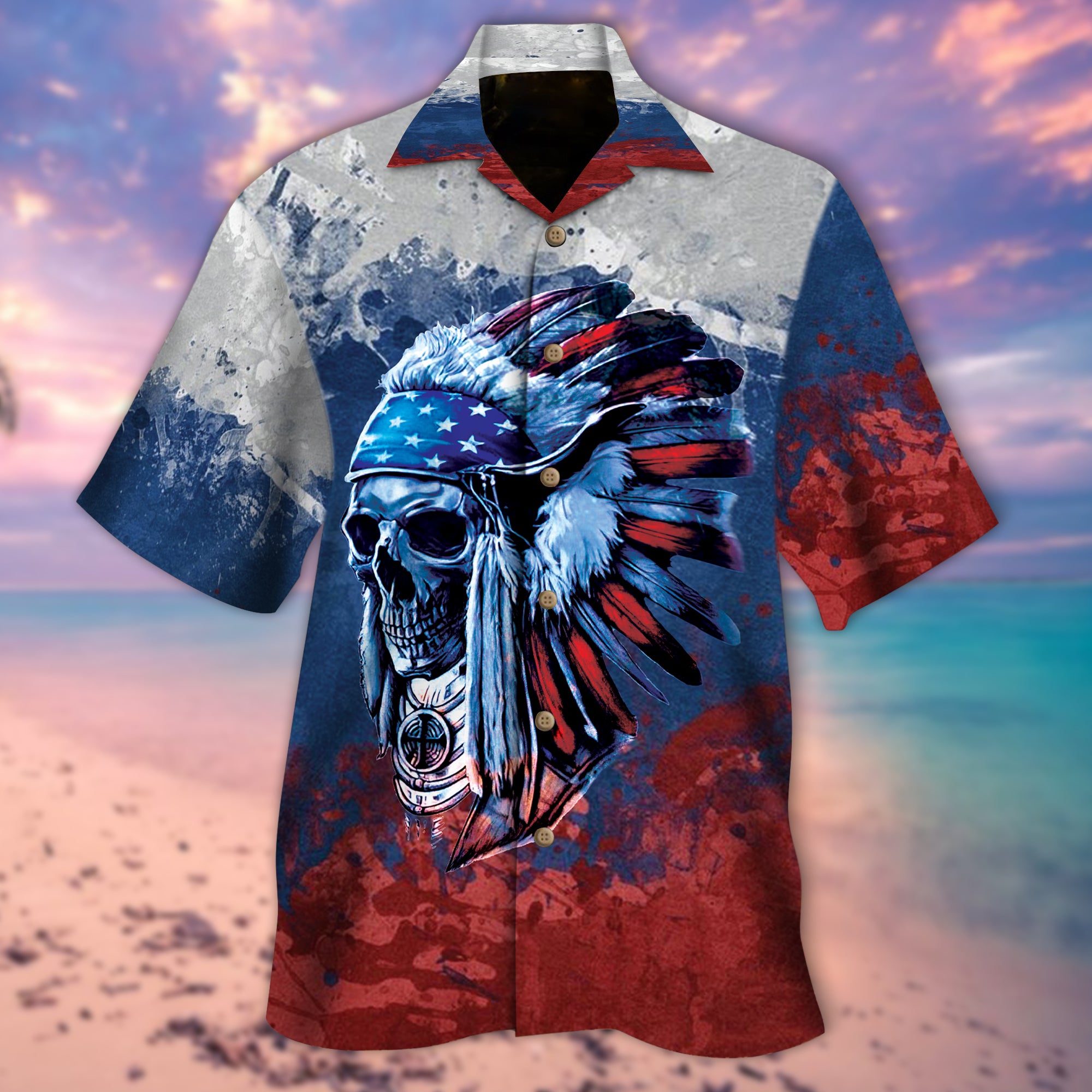 White Red Blue Native Skull Hawaiian Shirt – Pp08