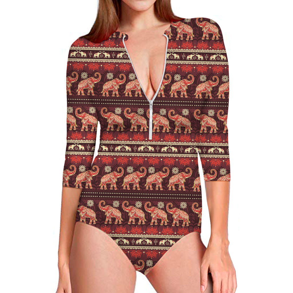 Red Indian Elephant Pattern Print Long Sleeve One Piece Swimsuit