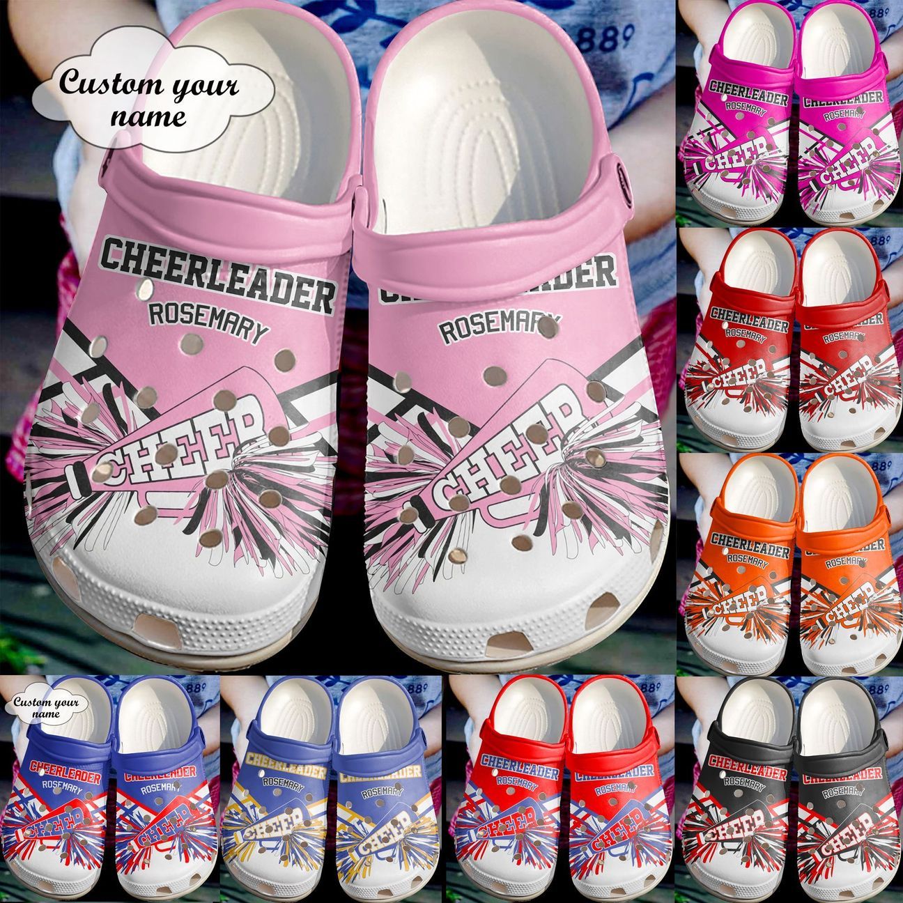 Cheerleader Personalized Clog, Custom Name, Text Cheerleader Pom Poms, Fashion Style For Women, Men, Kid, Print 3D