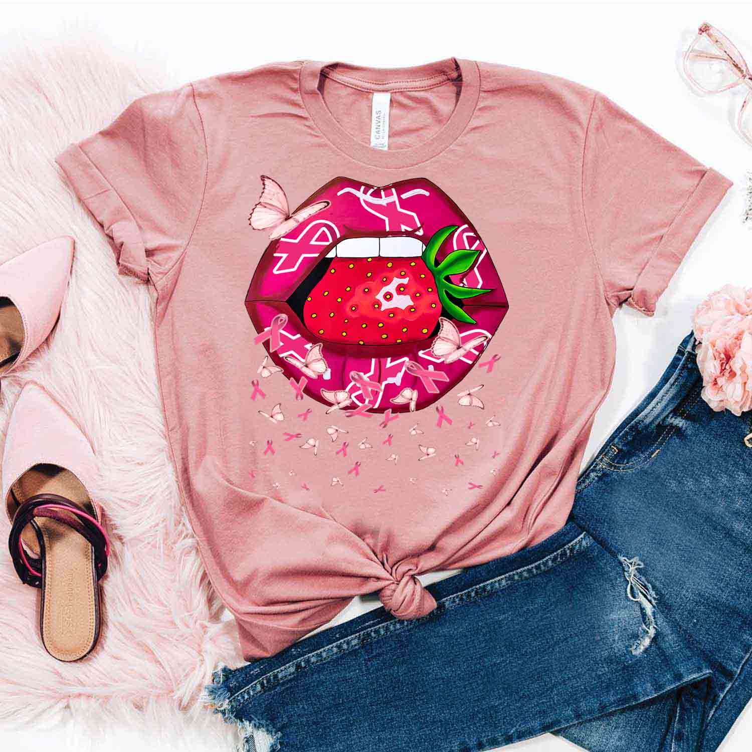 Strawberry On Mouth Shirt – Breast Cancer Awareness T-Shirt Gifts For Mom Daughter Friends Hoodies Sweater Pink
