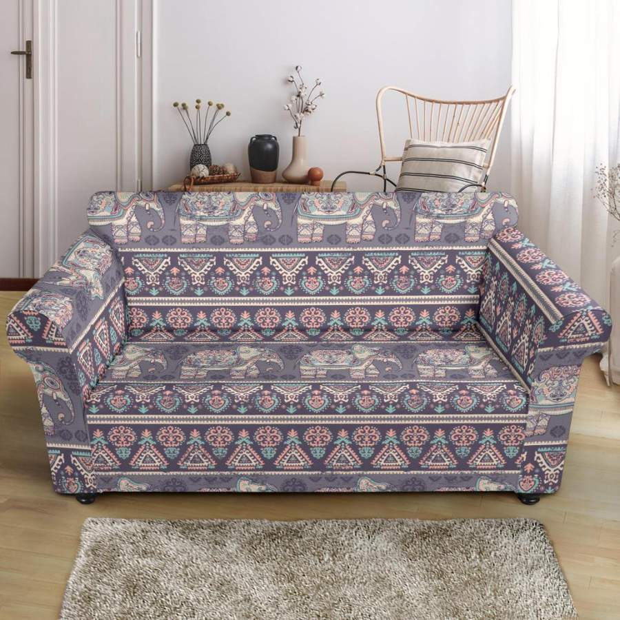 Black Elephant Aztec Pattern Prints Loveseat Cover