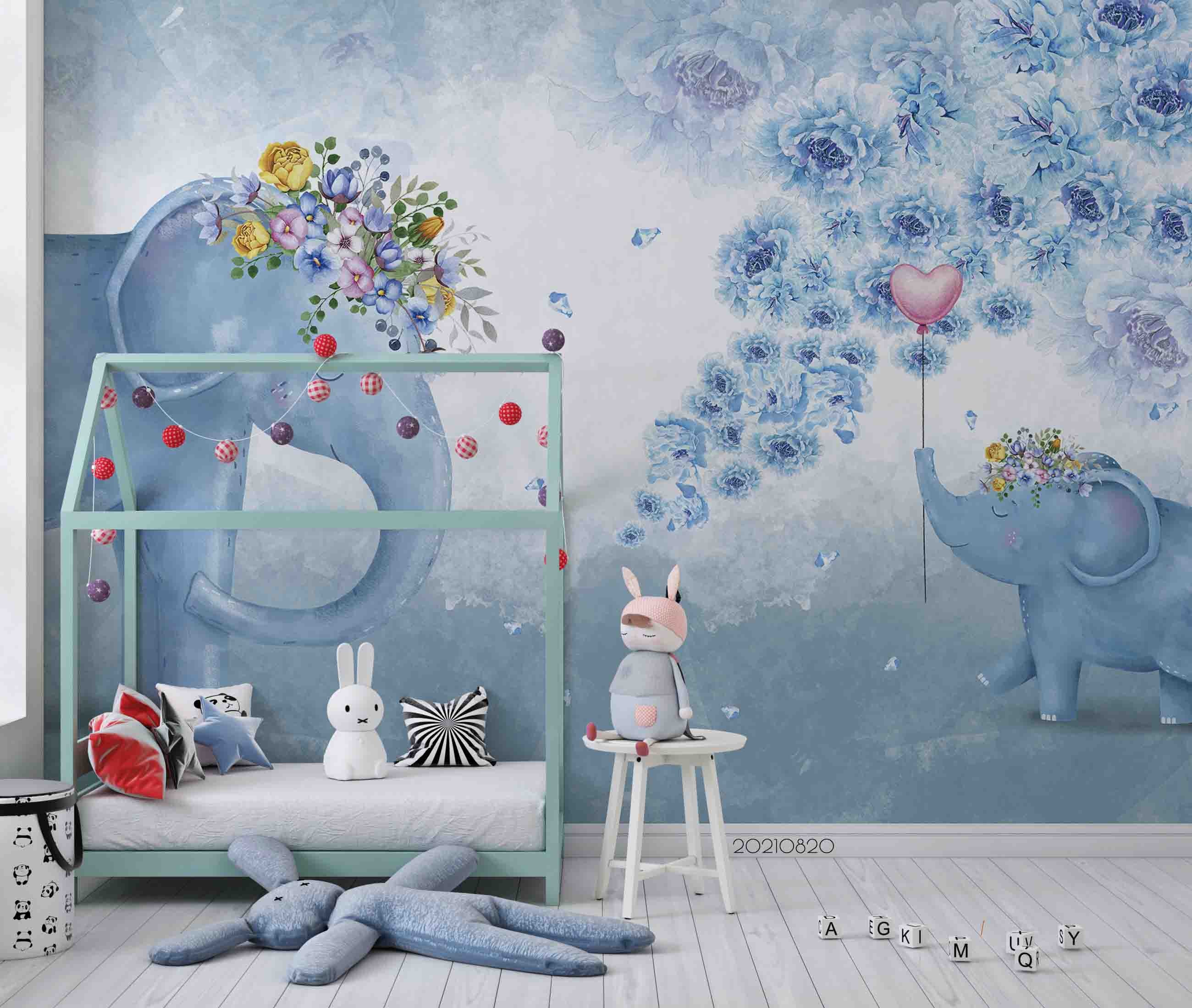 3D Blue Floral Animal Elephant Wall Mural Wallpaper Lqh 378