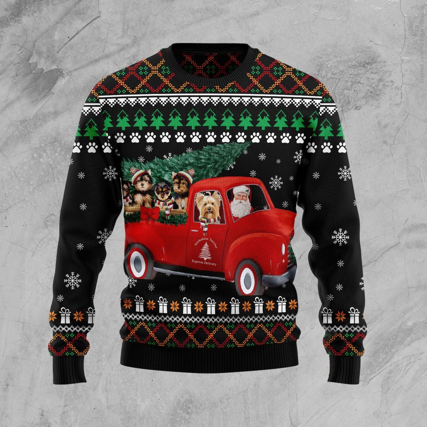 Yorkshire Terrier And Red Truck Ugly Christmas Sweater | For Men & Women | Adult | Us4181