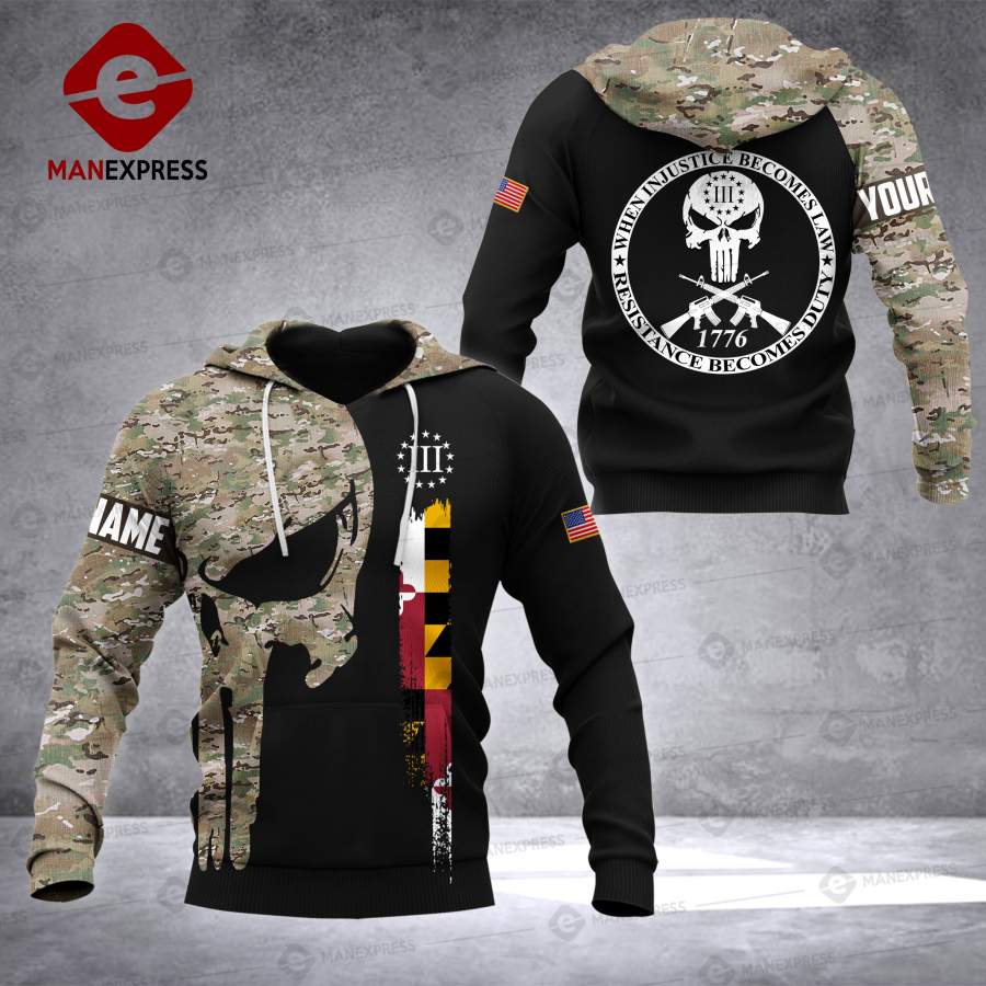 VH CUSTOMIZE Maryland THREE PERCENTER HOODIE 3D ALL OVER PRINT 2808 PMK