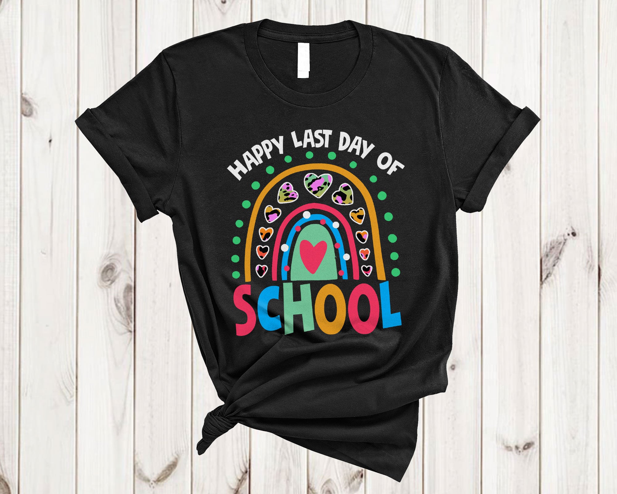 Summer Vacation Shirt Happy Last Day Of School Funny Teacher Heart Leopard Rainbow T-Shirt