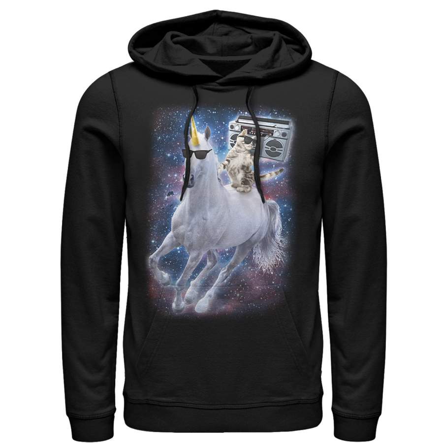 Lost Gods Men’s Boombox Cat and Unicorn Space Song  Lightweight Hoodie Black