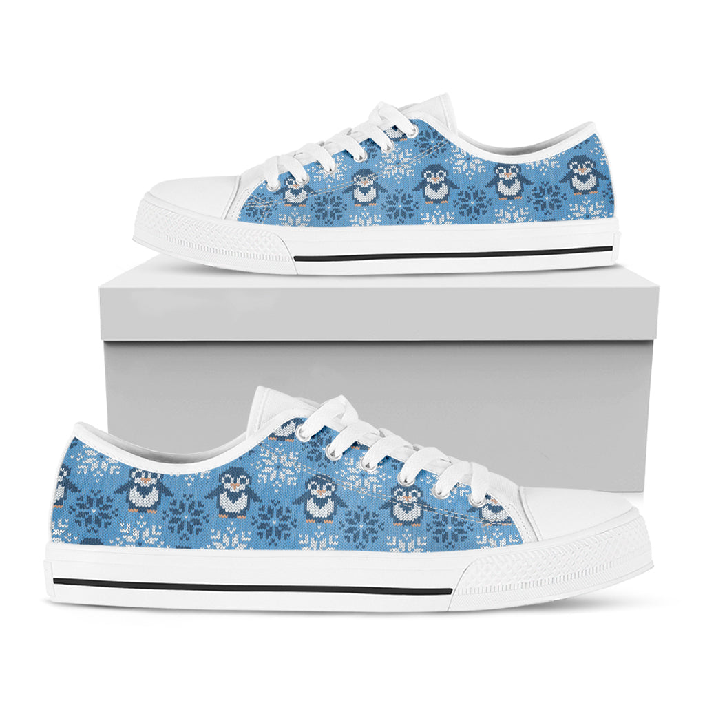 Snowy Penguin Knitted Pattern Print White Low Top Shoes