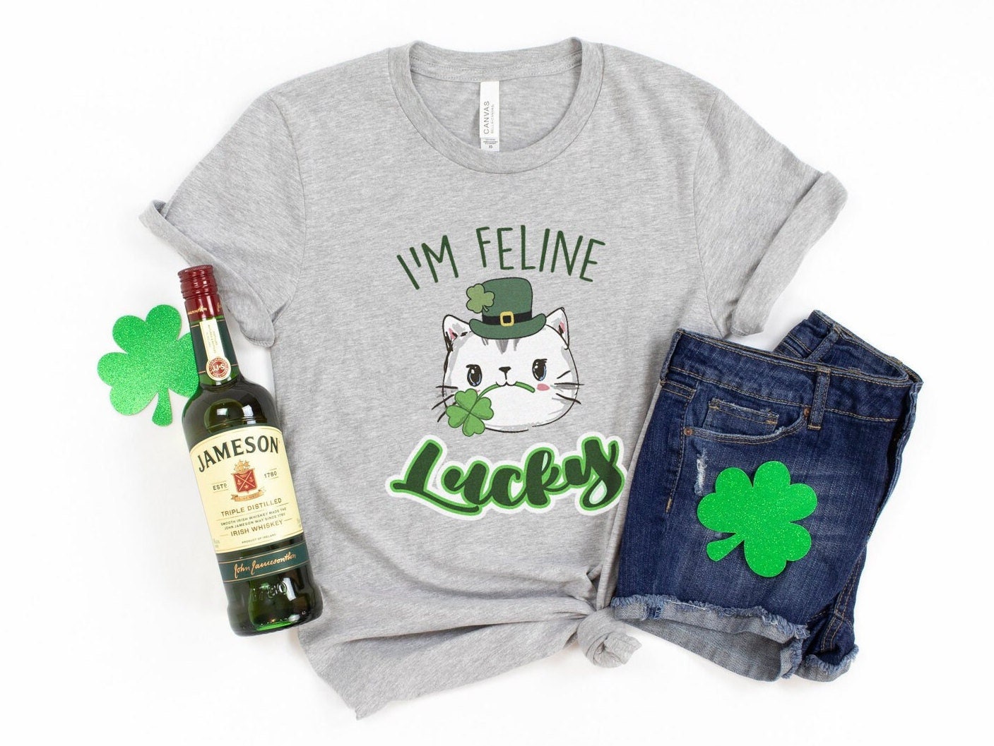 Feline Lucky T-Shirt, Cute Funny Cat Kitty St Patrick’s Day Shirt, womens St Patricks Day Tshirt, St Patty’s Day, Shamrock Clover Irish Tee