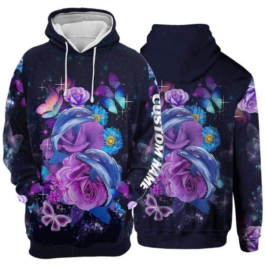 Custom Name Purple Dolphin With Flower And Butterfly Hoodie 3D All over print